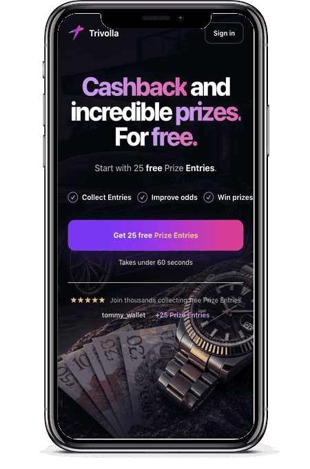 Trivolla landing page — cashback and prize entries